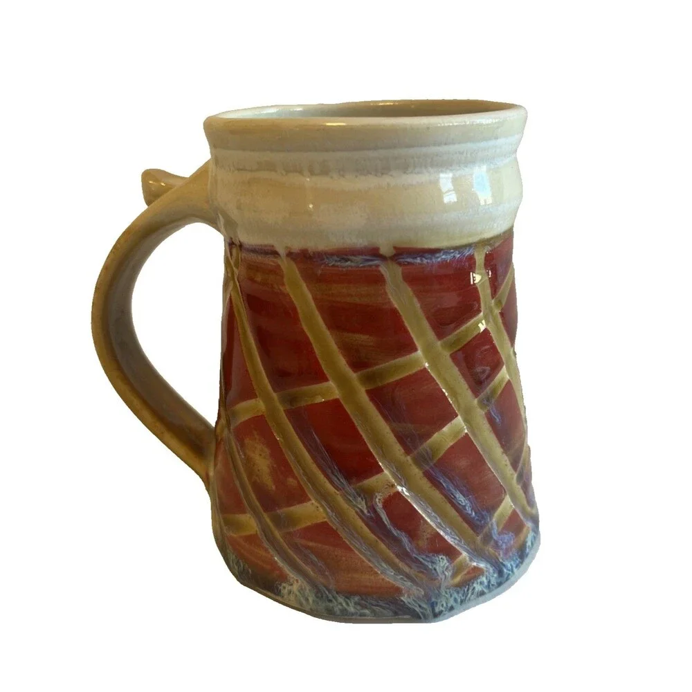 Stoneware Beer Tankard Coffee Mug Red Beige Check Pattern Art Pottery Signed